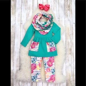 Teal Tunic, Pink Floral Pants, & Scarf Outfit